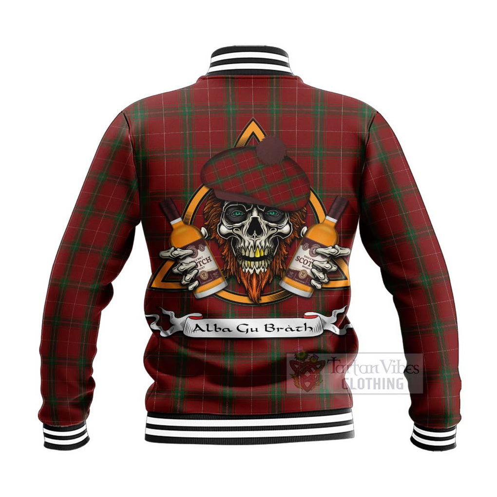 Tartan Vibes Clothing Carruthers Tartan Baseball Jacket with Family Crest and Bearded Skull Holding Bottles of Whiskey