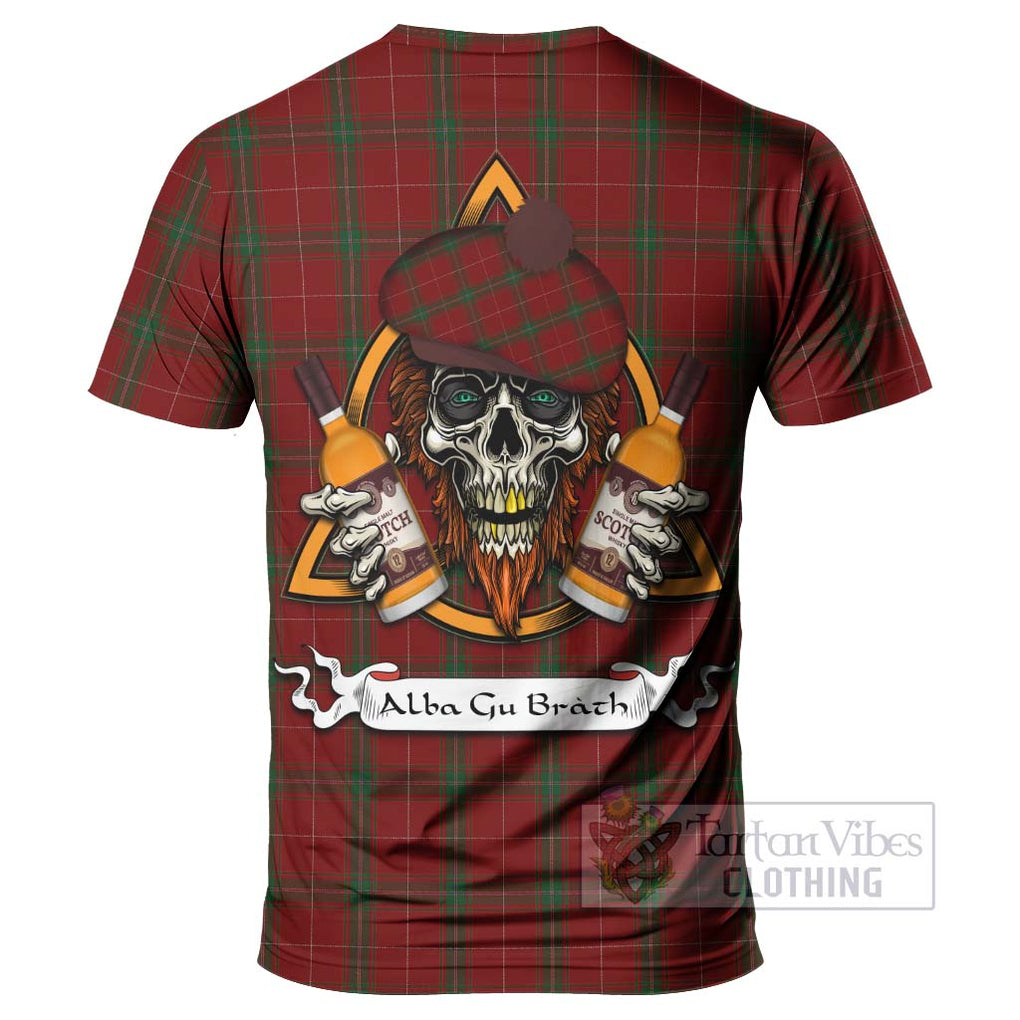 Tartan Vibes Clothing Carruthers Tartan T-Shirt with Family Crest and Bearded Skull Holding Bottles of Whiskey