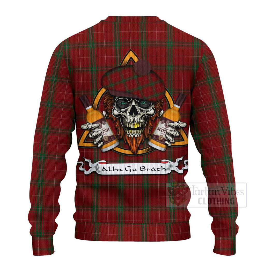 Tartan Vibes Clothing Carruthers Tartan Knitted Sweater with Family Crest and Bearded Skull Holding Bottles of Whiskey