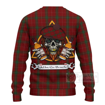 Tartan Vibes Clothing Carruthers Tartan Knitted Sweater with Family Crest and Bearded Skull Holding Bottles of Whiskey
