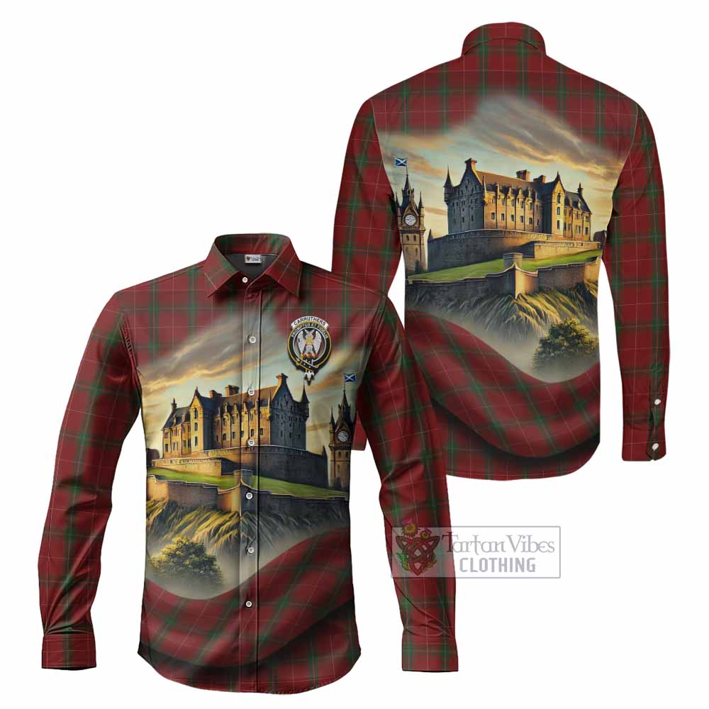 Tartan Vibes Clothing Carruthers Tartan Family Crest Long Sleeve Button Shirt with Scottish Ancient Castle Style