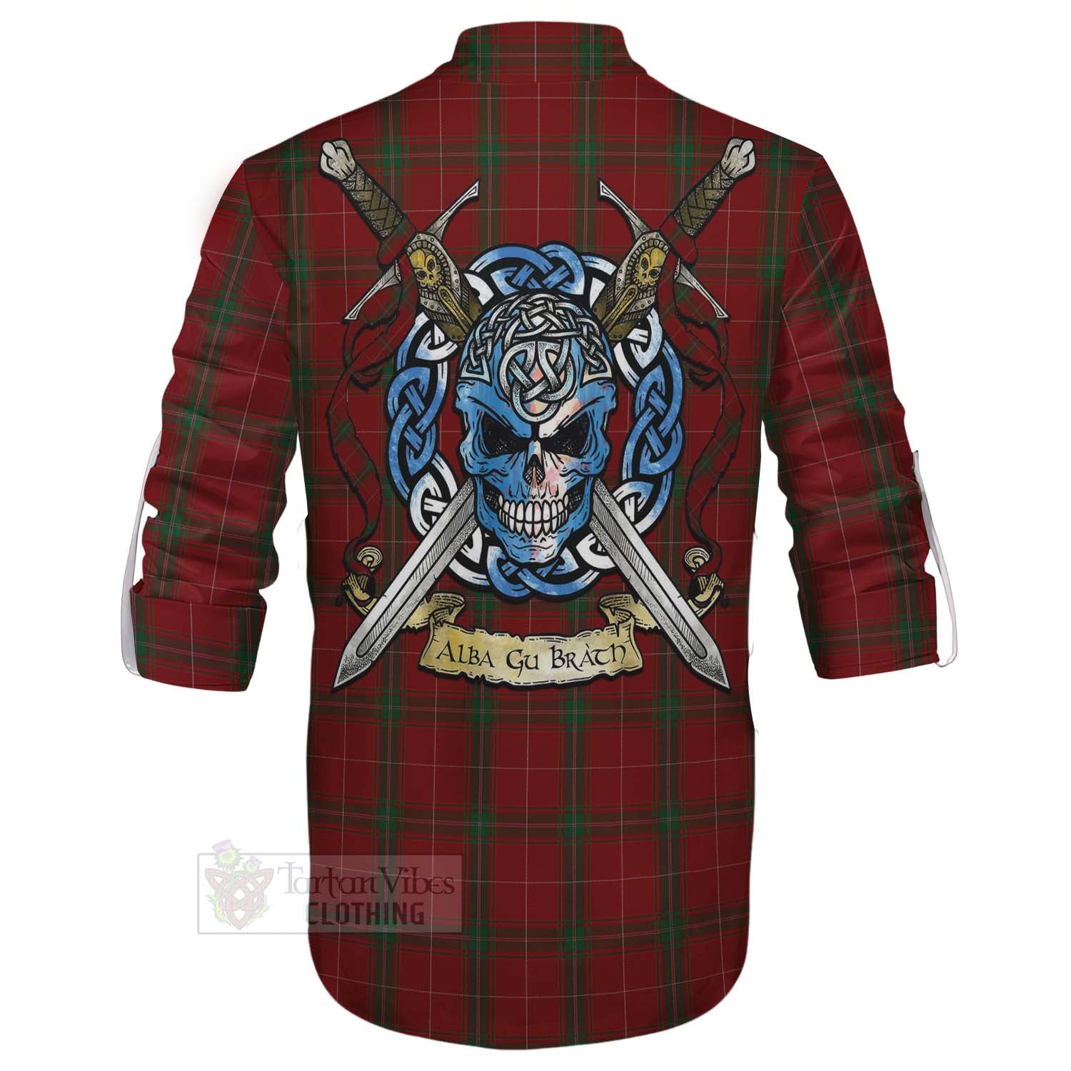 Tartan Vibes Clothing Carruthers Tartan Ghillie Kilt Shirt with Family Crest Celtic Skull Style