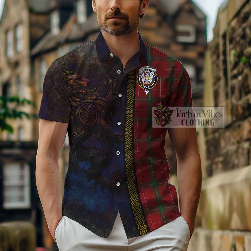 Tartan Vibes Clothing Carruthers Tartan Family Crest Short Sleeve Button Shirt Alba Gu Brath Be Brave Lion Ancient Style