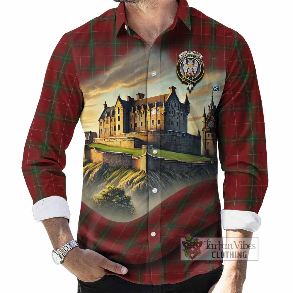 Tartan Vibes Clothing Carruthers Tartan Family Crest Long Sleeve Button Shirt with Scottish Ancient Castle Style