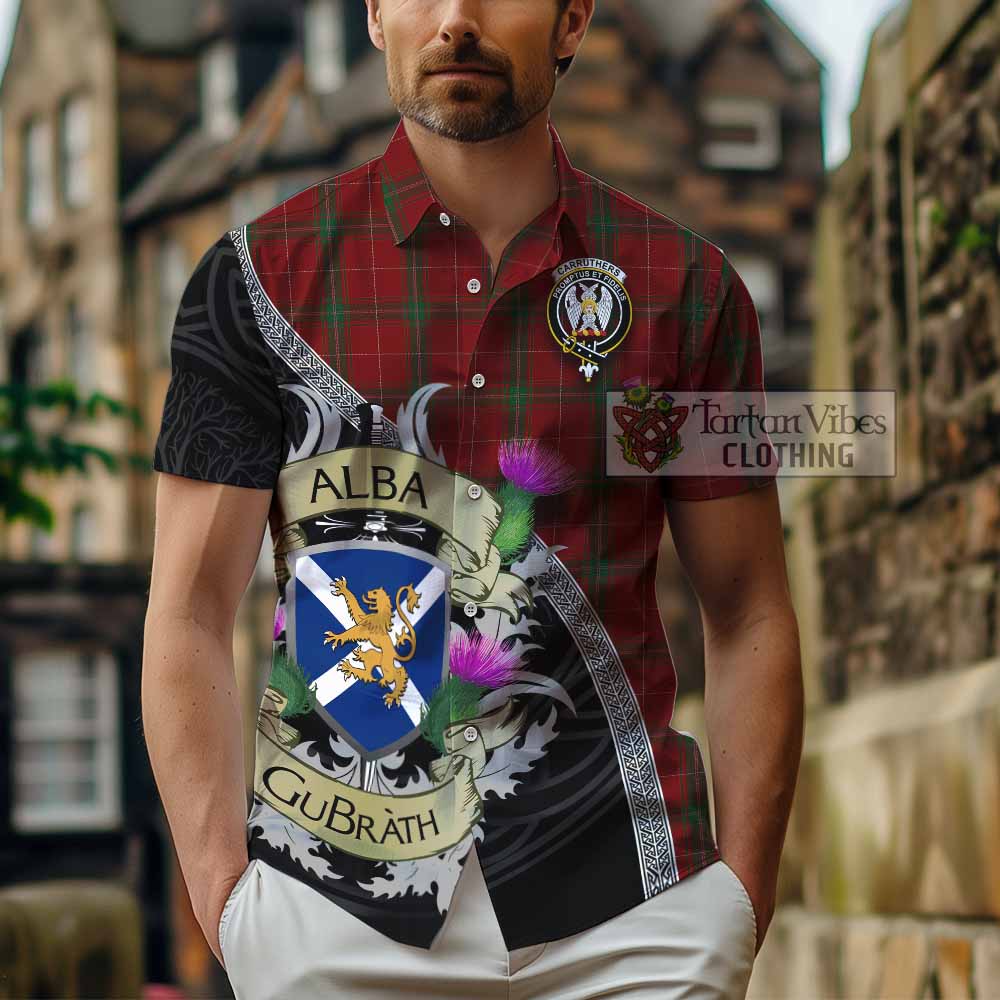 Tartan Vibes Clothing Carruthers Tartan Family Crest Short Sleeve Button Shirt Lion Rampant Royal Thistle Shield Celtic Inspired