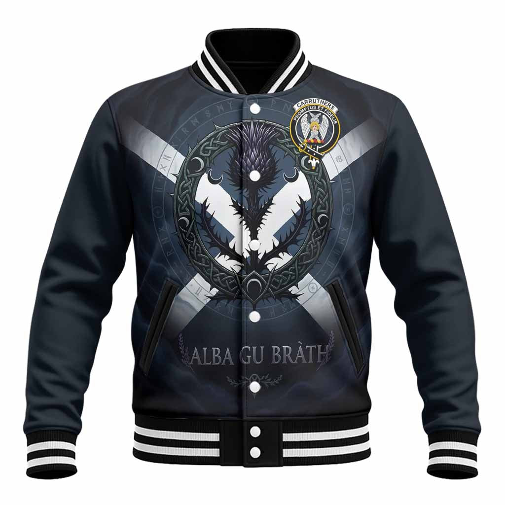 Carruthers Clan Crest Baseball Jacket with Celtic Knot Thistle and Saltire Unisex - Tartan Vibes Clothing
