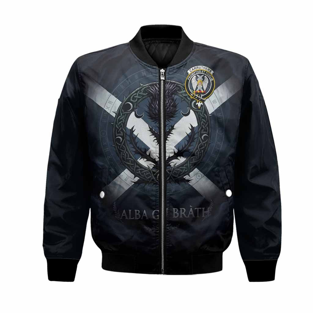 Carruthers Clan Crest Bomber Jacket with Celtic Knot Thistle and Saltire Unisex Black - Tartan Vibes Clothing