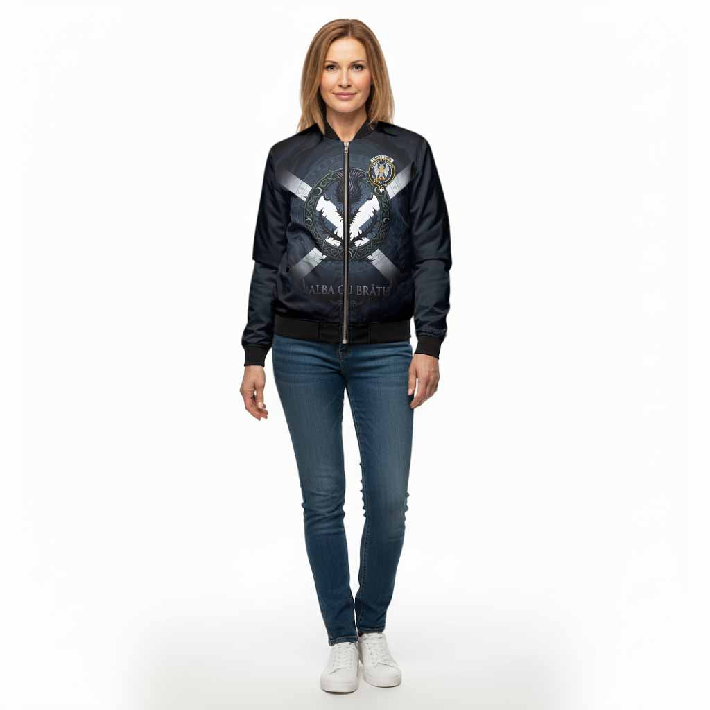 Carruthers Clan Crest Bomber Jacket with Celtic Knot Thistle and Saltire - Tartan Vibes Clothing