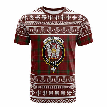 Carruthers Clan Tartan Christmas Cotton T-shirt with Family Crest