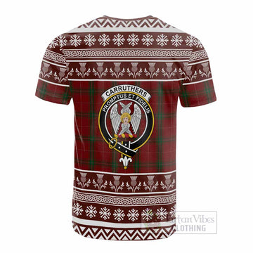 Carruthers Clan Tartan Christmas Cotton T-shirt with Family Crest