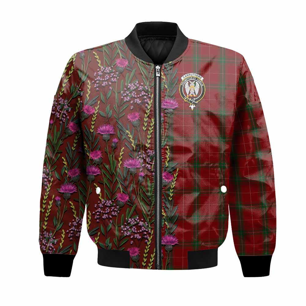 Carruthers Family Crest Tartan Bomber Jacket Scottish Thistle Flower Pattern Half Style - Tartan Vibes Clothing