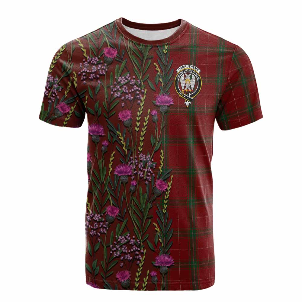 Carruthers Family Crest Tartan Cotton T-shirt Scottish Thistle Flower Pattern Half Style - Tartan Vibes Clothing
