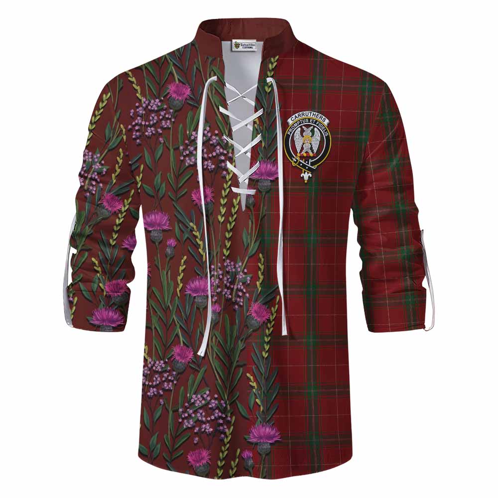 Carruthers Family Crest Tartan Ghillie Shirt Scottish Thistle Flower Pattern Half Style - Tartan Vibes Clothing