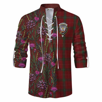 Carruthers Family Crest Tartan Ghillie Shirt Scottish Thistle Flower Pattern Half Style - Tartan Vibes Clothing