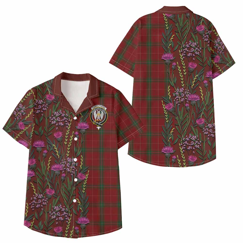 Carruthers Family Crest Tartan Kid Hawaiian Shirt Scottish Thistle Flower Pattern Half Style - Tartan Vibes Clothing