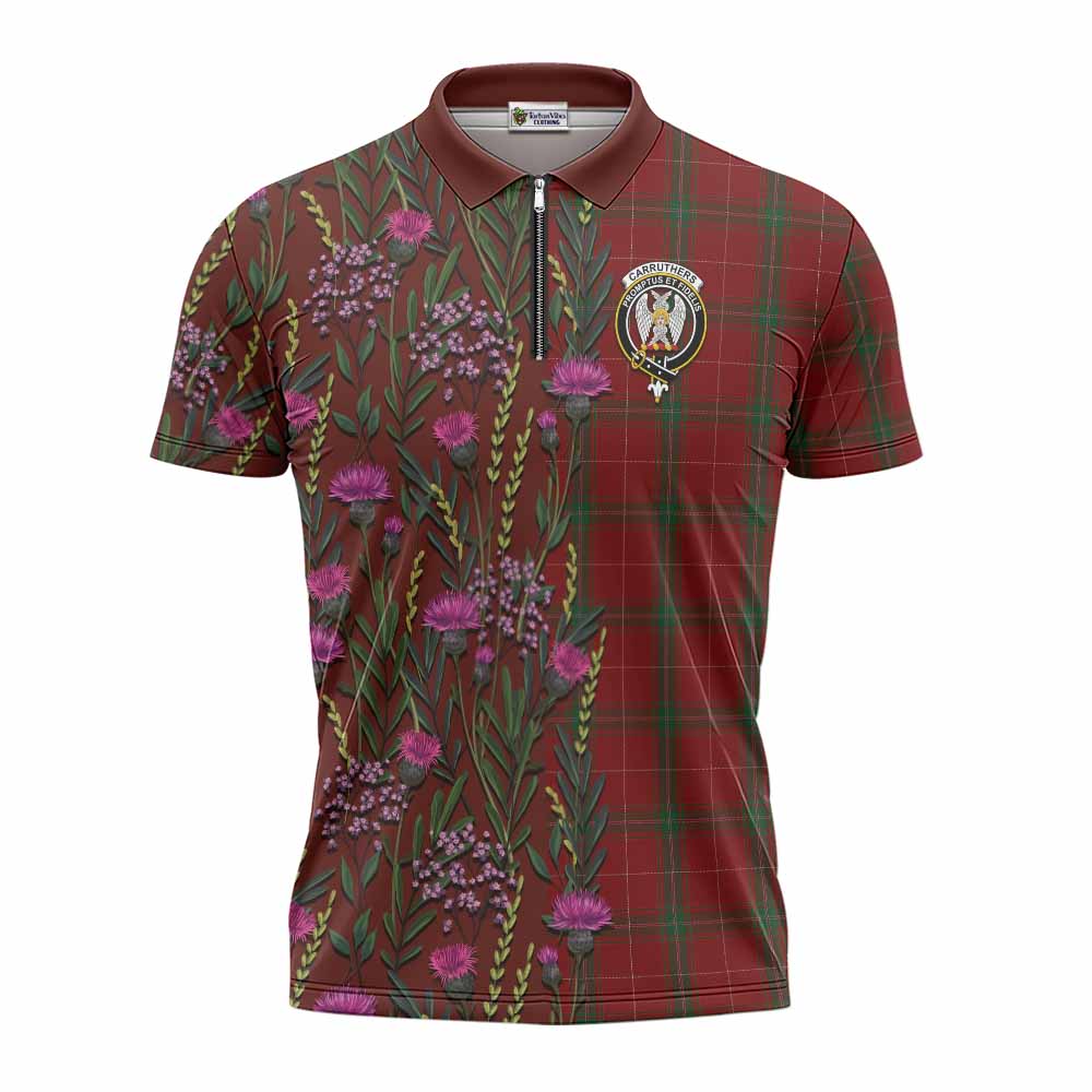 Carruthers Family Crest Tartan Zipper Polo Shirt Scottish Thistle Flower Pattern Half Style - Tartan Vibes Clothing