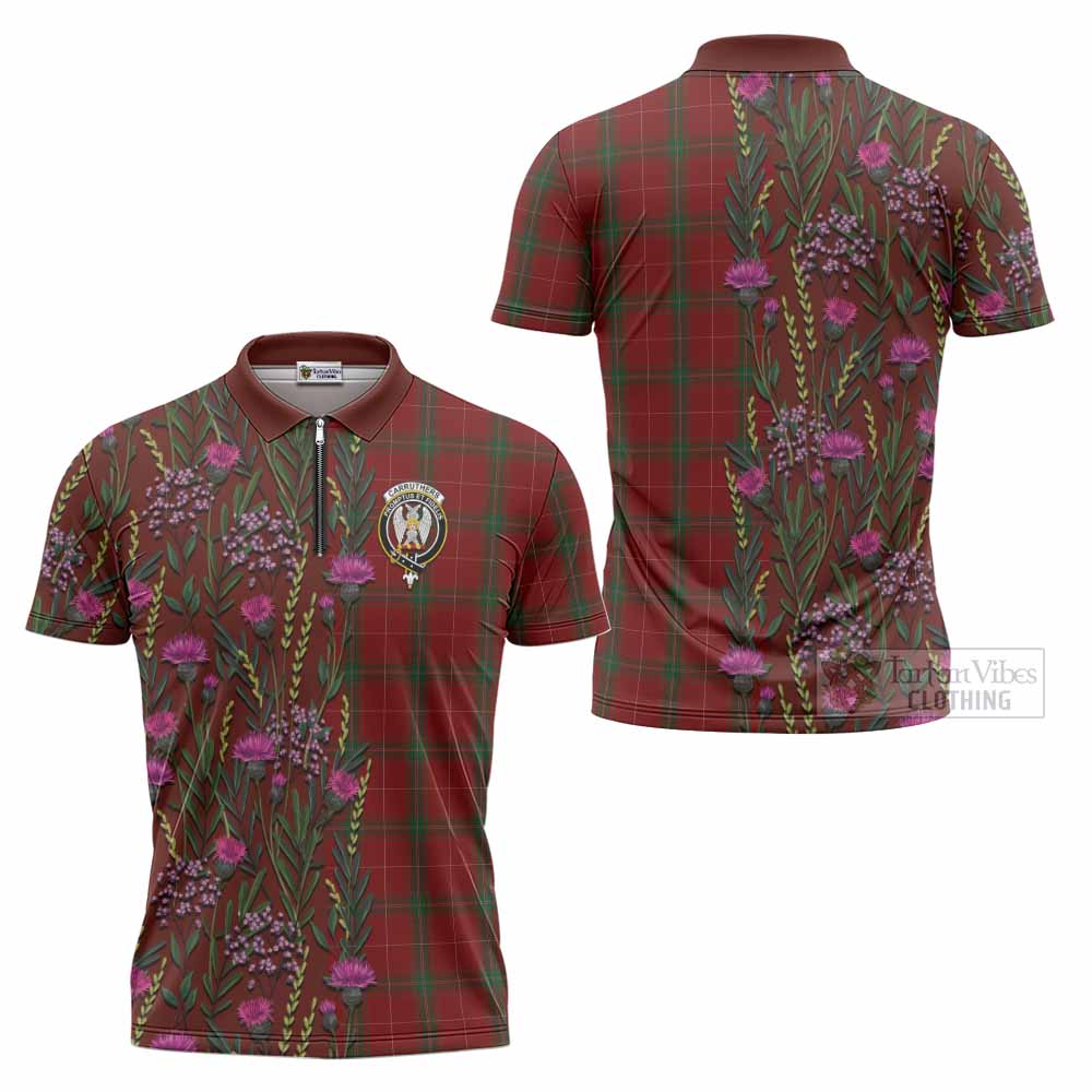 Carruthers Family Crest Tartan Zipper Polo Shirt Scottish Thistle Flower Pattern Half Style - Tartan Vibes Clothing