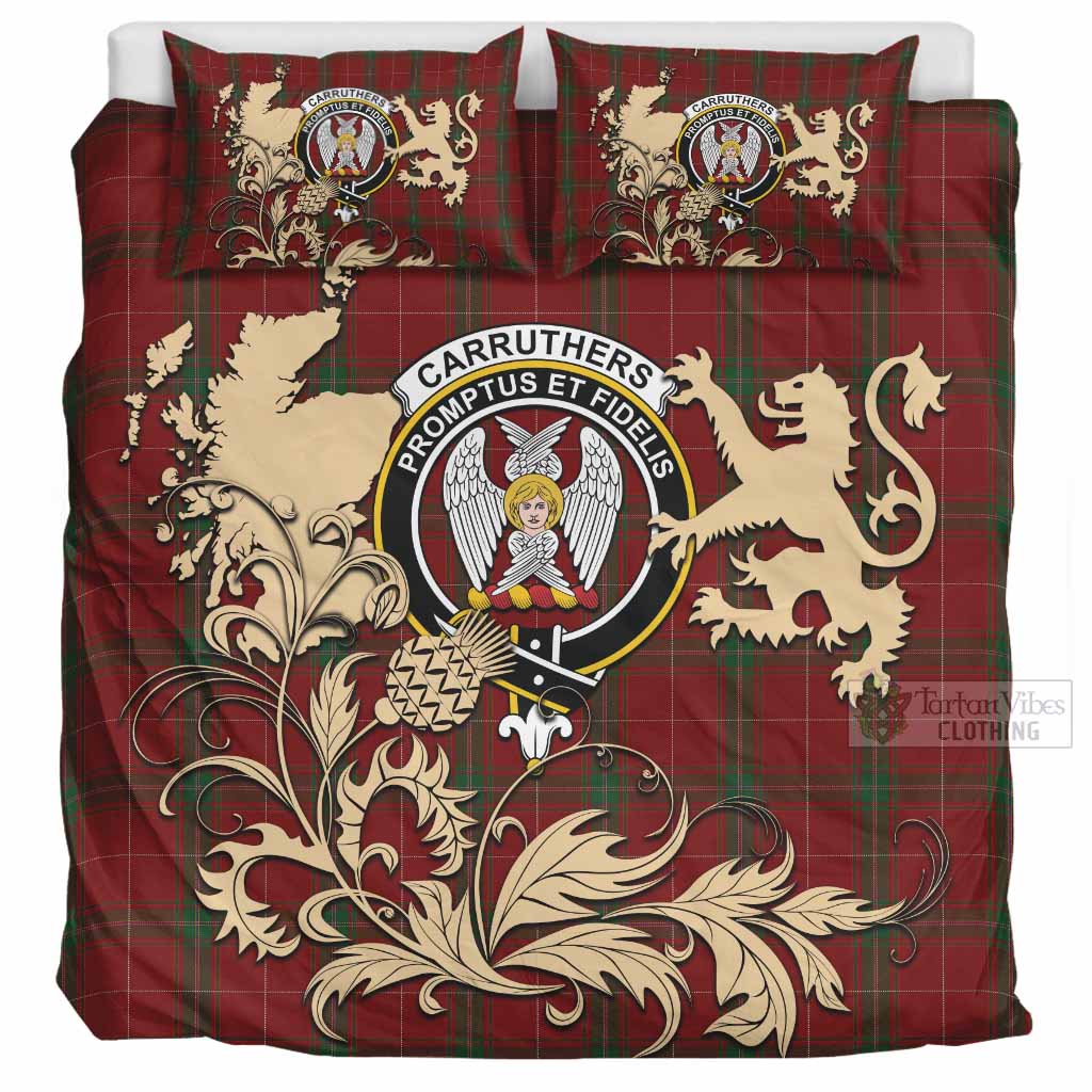 Carruthers Tartan Crest Bedding Set with Scottish Iconic Symbols 