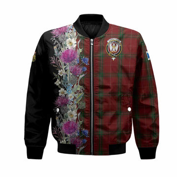 Carruthers Tartan Crest Thistle Floral Bomber Jacket Unisex Black - Tartan Vibes Clothing