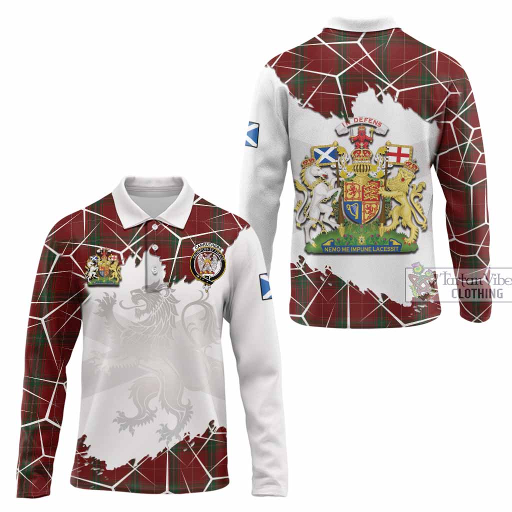 Carruthers Tartan Long Sleeve Polo Shirt with Family Crest and Lion Rampant Grunge Style