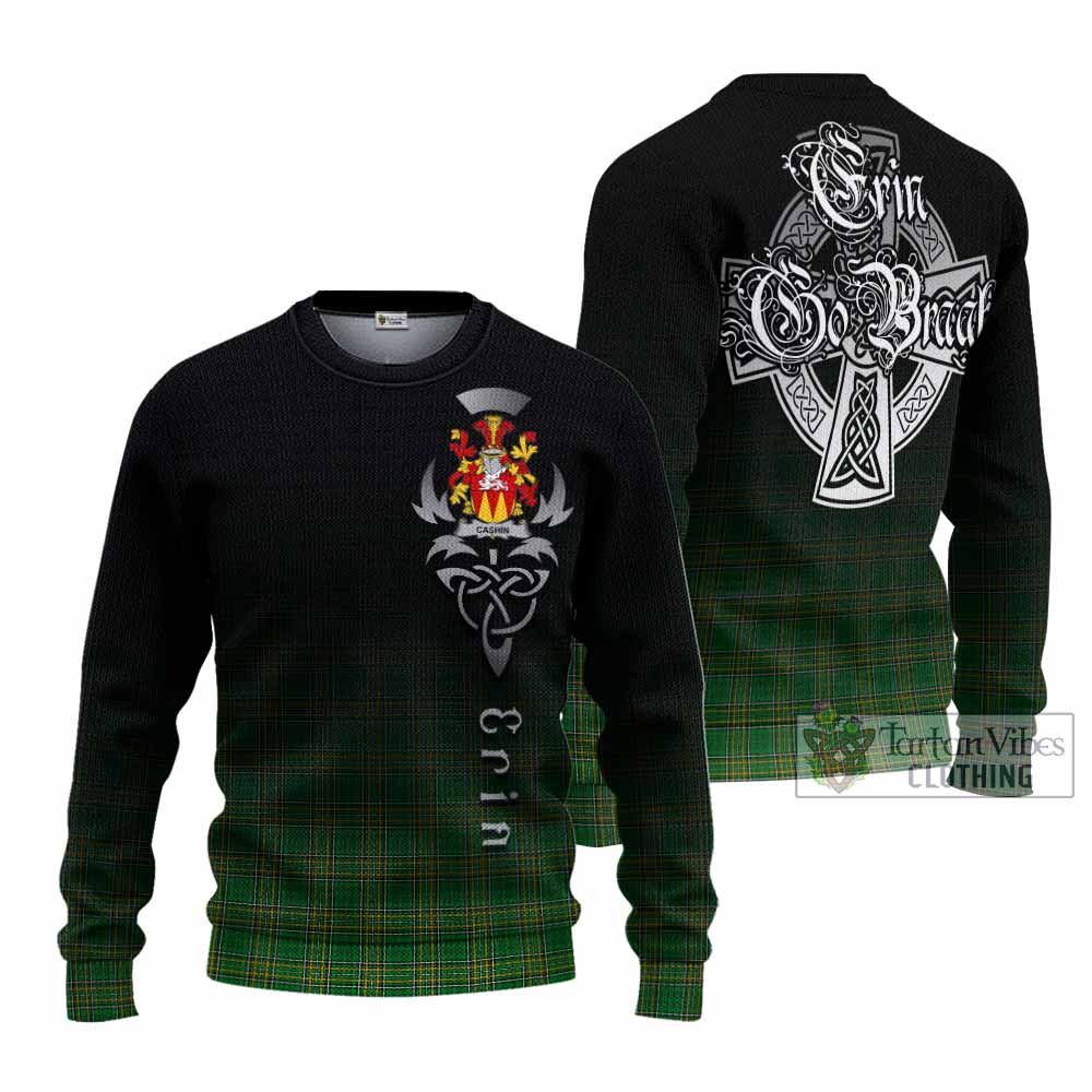 Tartan Vibes Clothing Cashin Irish Clan Knitted Sweater with Coat of Arms Erin Go Bragh Celtic Inspired