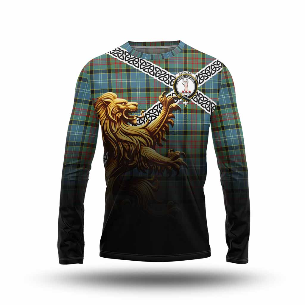 Tartan Vibes Clothing Cathcart Crest Tartan Long Sleeve T-Shirt with Golden Lion Emblem Celtic Style