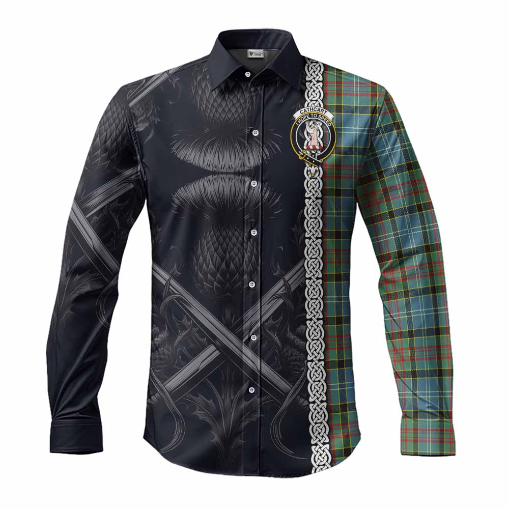 Tartan Vibes Clothing Cathcart Tartan Long Sleeve Button Shirt with Family Crest Cross Sword Thistle Celtic Vibes