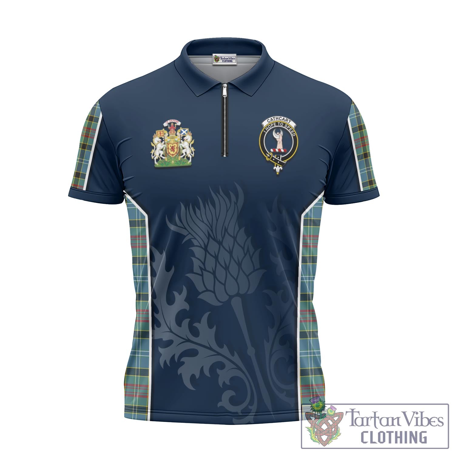 Tartan Vibes Clothing Cathcart Tartan Zipper Polo Shirt with Family Crest and Scottish Thistle Vibes Sport Style