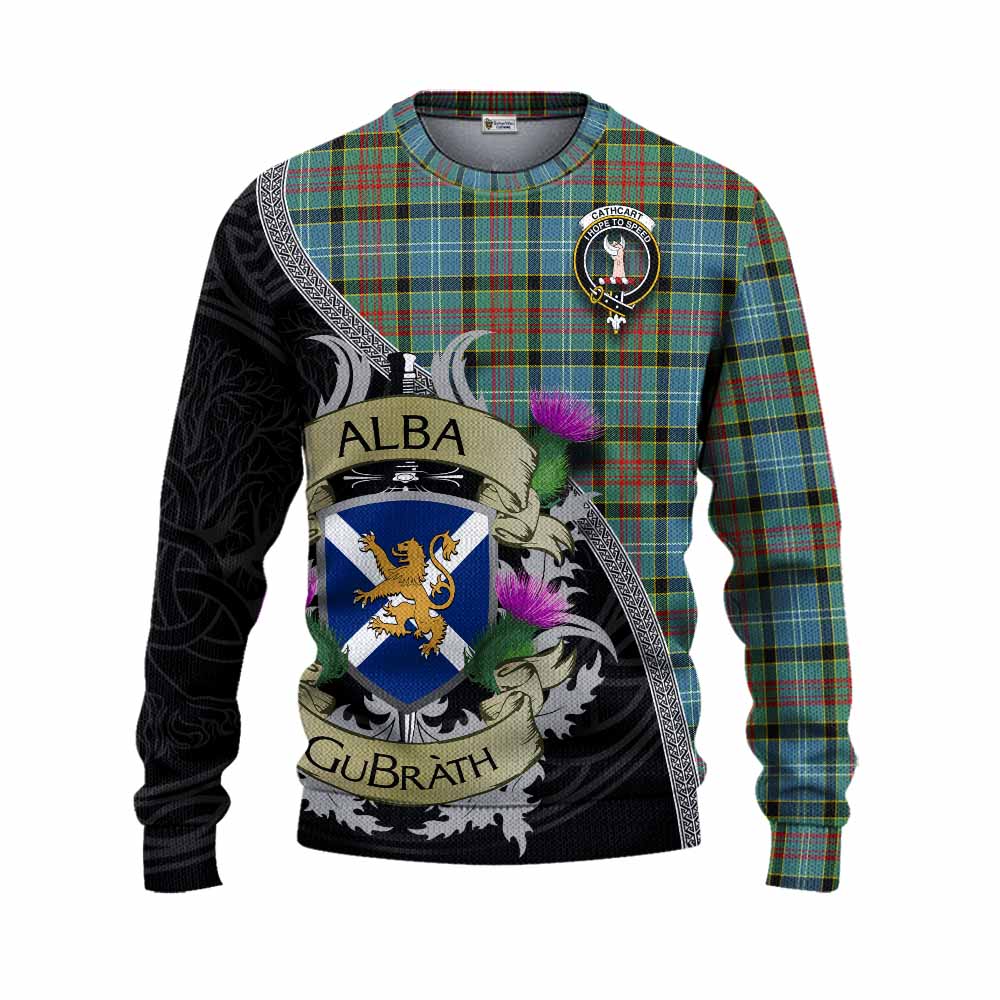 Tartan Vibes Clothing Cathcart Tartan Family Crest Knitted Sweater Lion Rampant Royal Thistle Shield Celtic Inspired