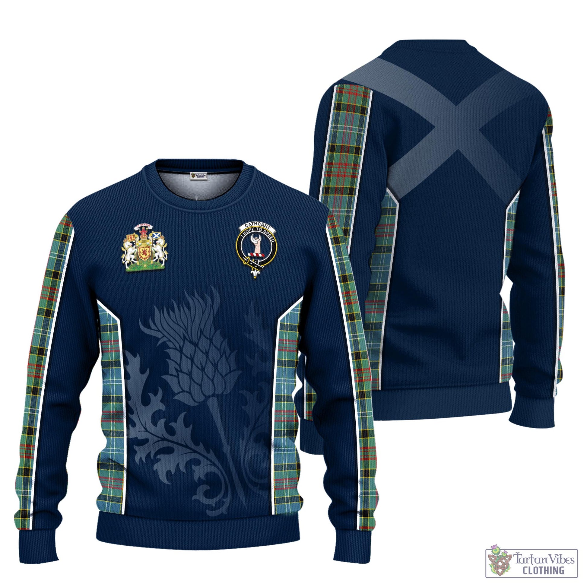 Tartan Vibes Clothing Cathcart Tartan Knitted Sweatshirt with Family Crest and Scottish Thistle Vibes Sport Style