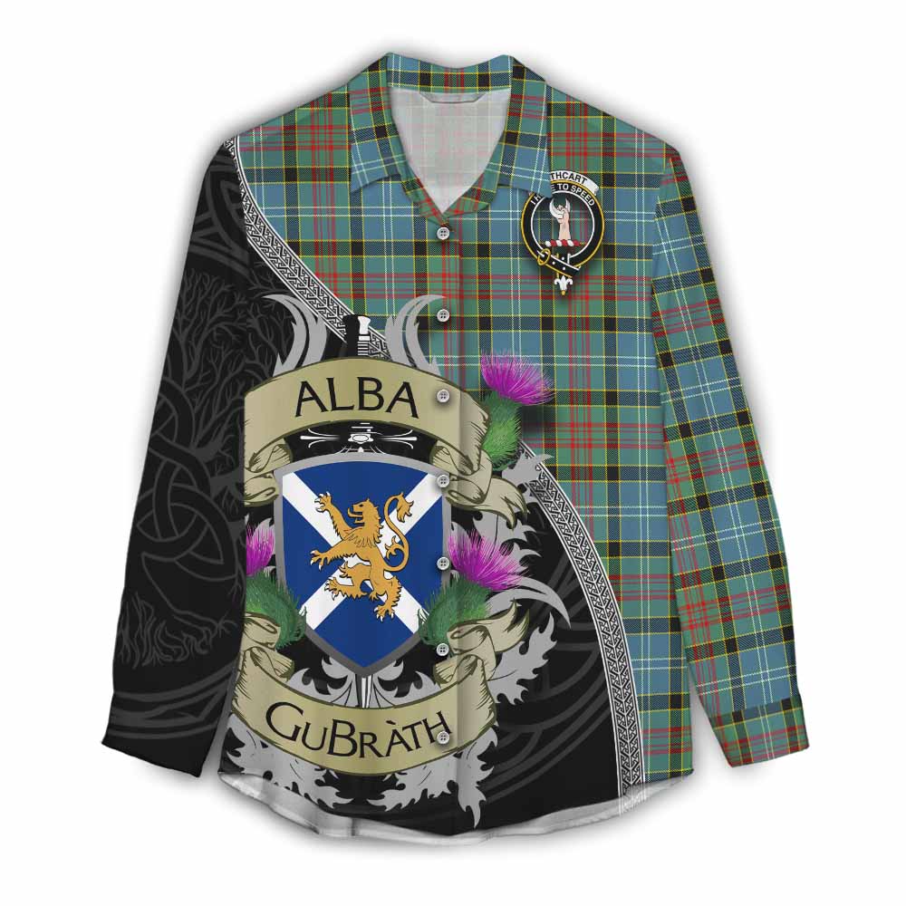 Tartan Vibes Clothing Cathcart Tartan Family Crest Women's Casual Shirt Lion Rampant Royal Thistle Shield Celtic Inspired