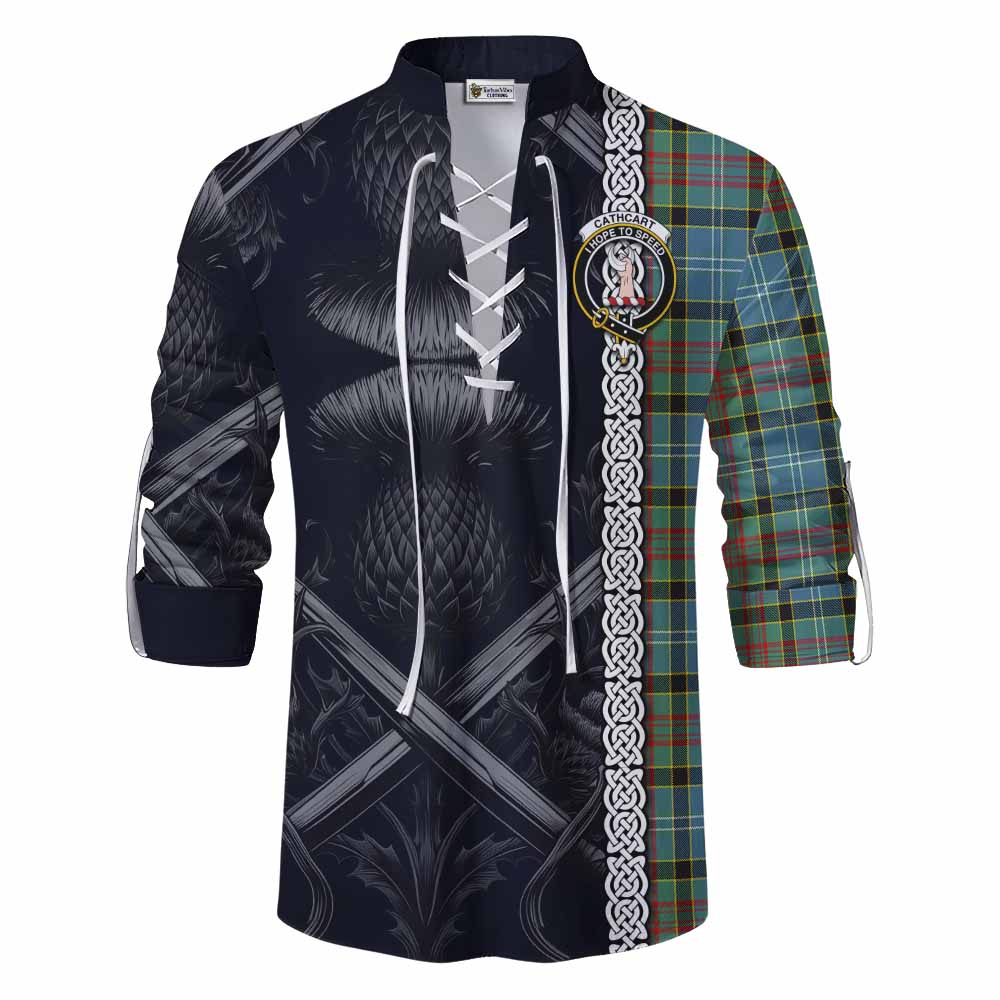 Tartan Vibes Clothing Cathcart Tartan Ghillie Kilt Shirt with Family Crest Cross Sword Thistle Celtic Vibes
