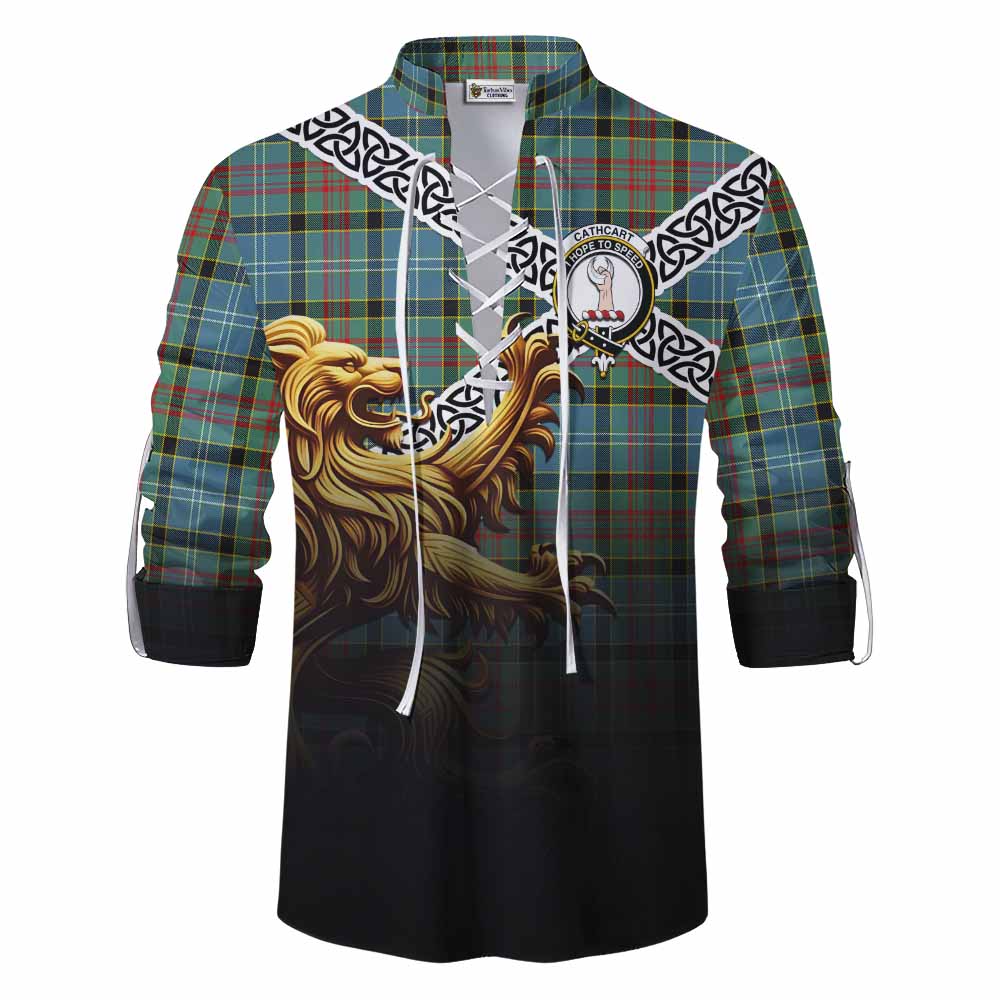 Tartan Vibes Clothing Cathcart Crest Tartan Ghillie Kilt Shirt with Golden Lion Emblem Celtic Style