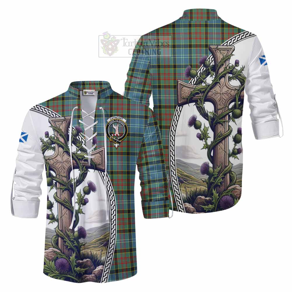 Tartan Vibes Clothing Cathcart Tartan Ghillie Kilt Shirt with Family Crest and St. Andrew's Cross Accented by Thistle Vines