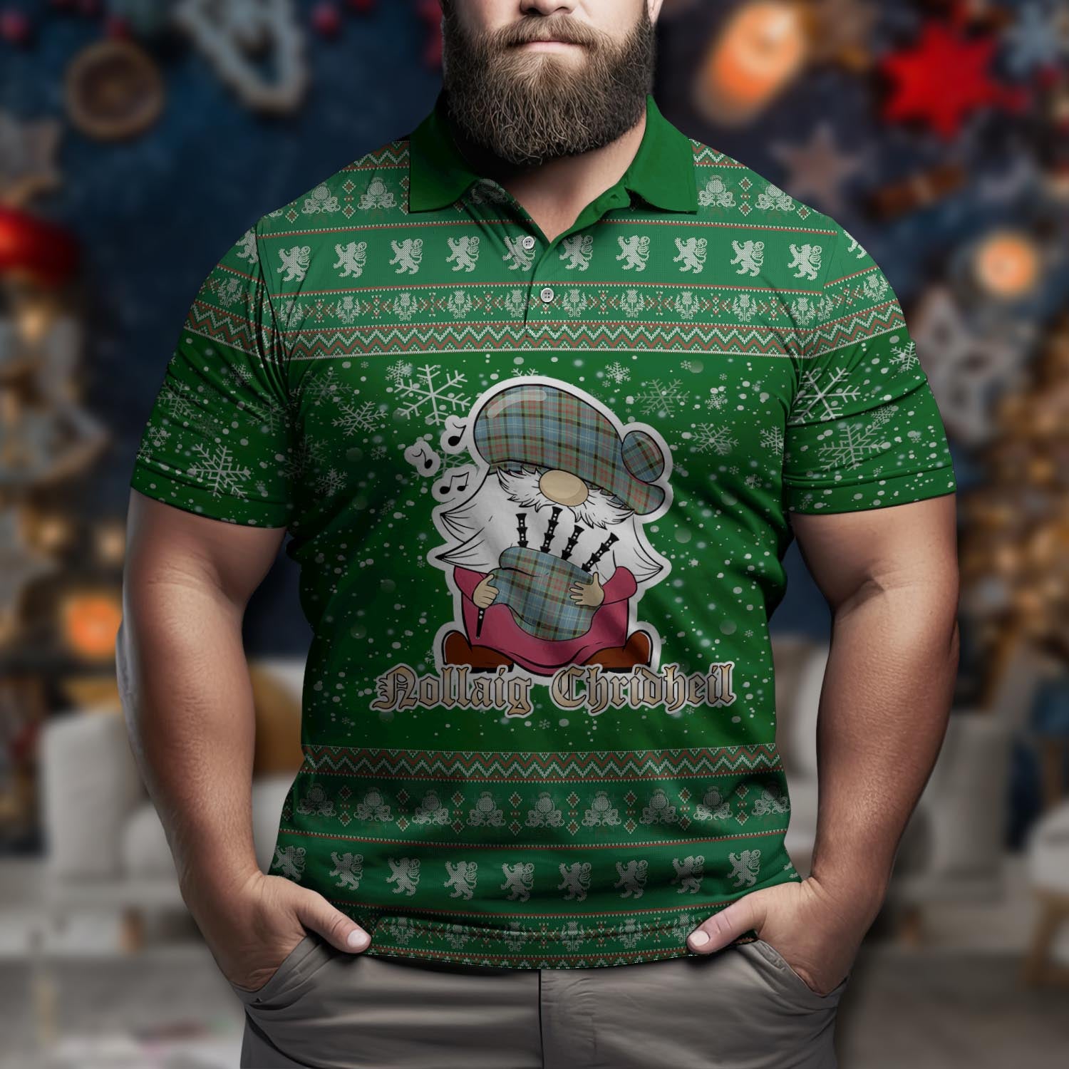 Cathcart Clan Christmas Family Polo Shirt with Funny Gnome Playing Bagpipes Men's Polo Shirt Green - Tartanvibesclothing