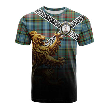 Tartan Vibes Clothing Cathcart Crest Tartan Cotton T-shirt with Golden Lion Emblem Celtic Style