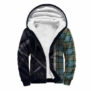 Cathcart Tartan Sherpa Hoodie with Family Crest Cross Sword Thistle Celtic Vibes