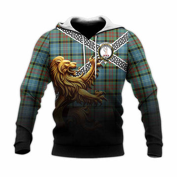 Tartan Vibes Clothing Cathcart Crest Tartan Knitted Hoodie with Golden Lion Emblem Celtic Style