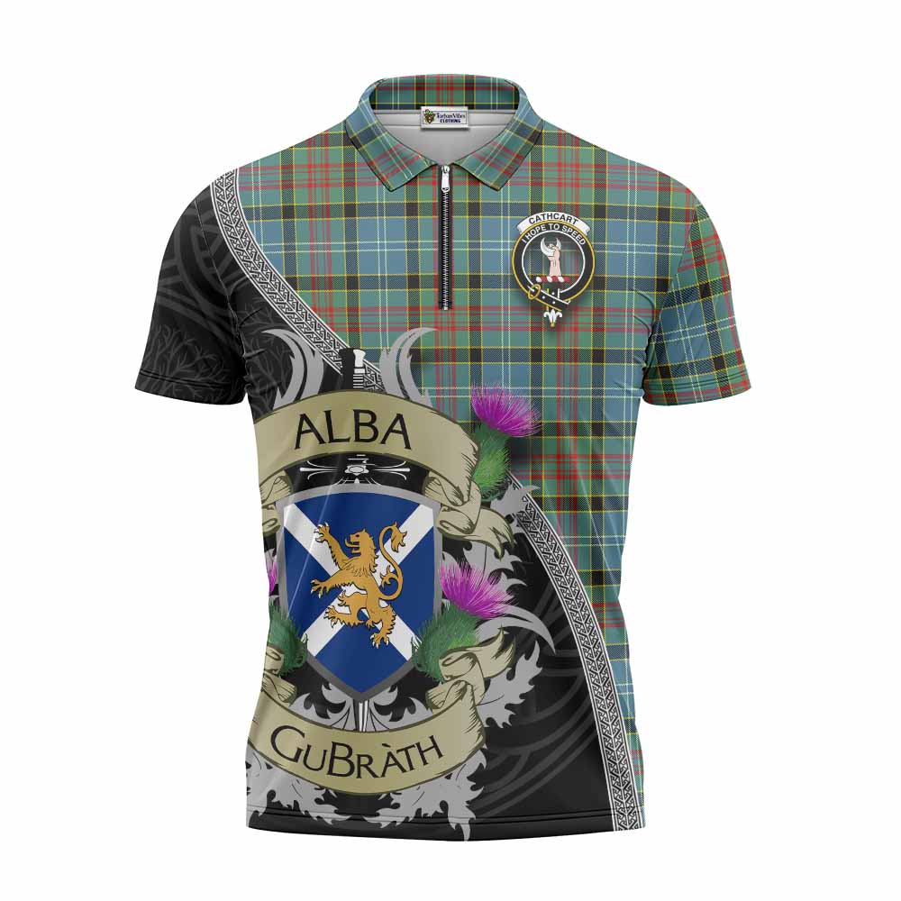 Tartan Vibes Clothing Cathcart Tartan Family Crest Zipper Polo Shirt Lion Rampant Royal Thistle Shield Celtic Inspired