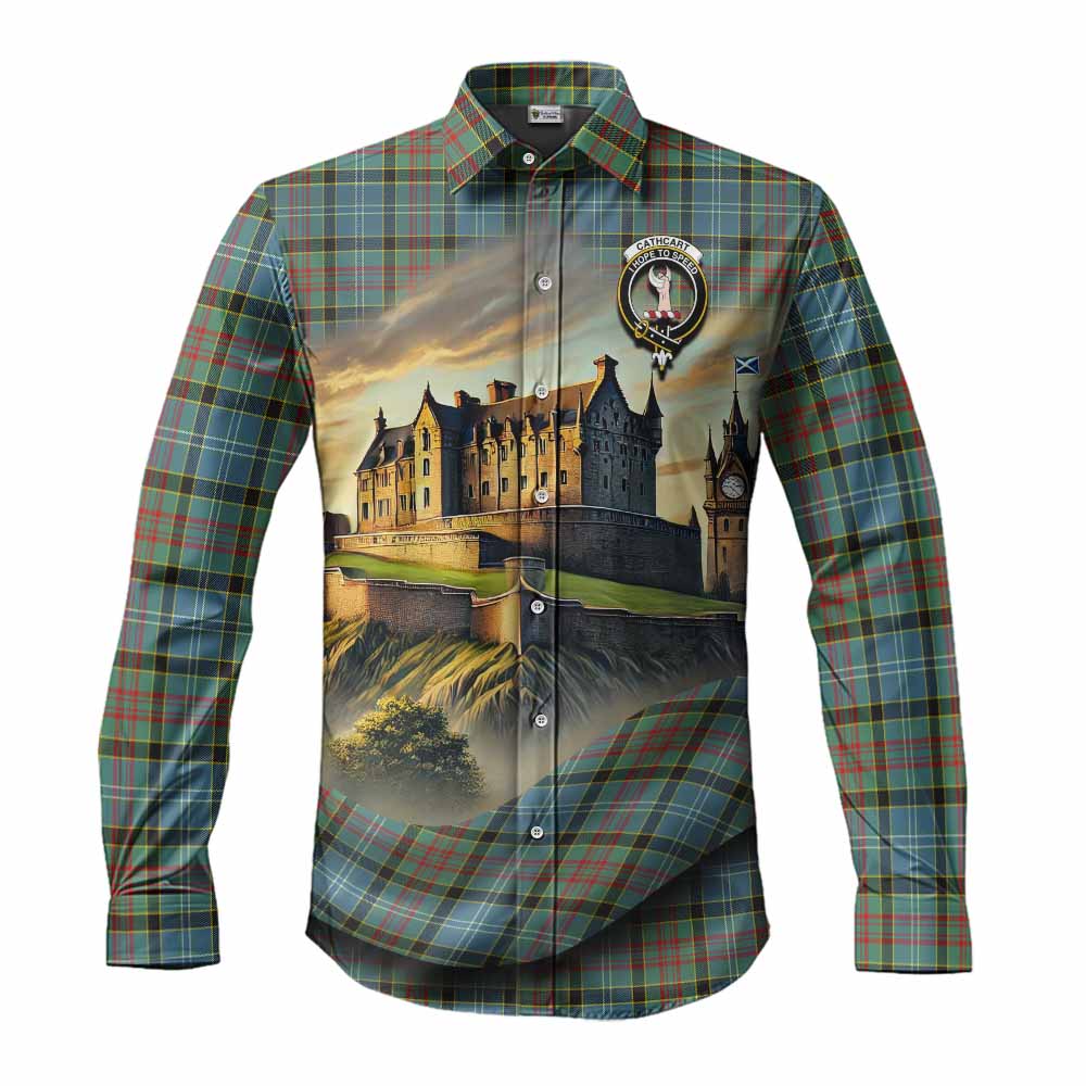 Tartan Vibes Clothing Cathcart Tartan Family Crest Long Sleeve Button Shirt with Scottish Ancient Castle Style