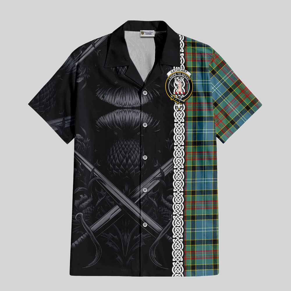 Tartan Vibes Clothing Cathcart Tartan Short Sleeve Button Shirt with Family Crest Cross Sword Thistle Celtic Vibes