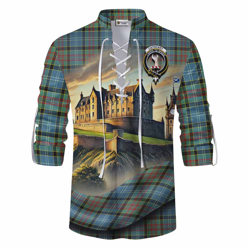 Tartan Vibes Clothing Cathcart Tartan Family Crest Ghillie Kilt Shirt with Scottish Ancient Castle Style