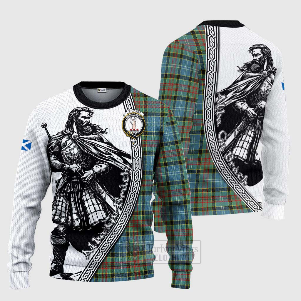 Tartan Vibes Clothing Cathcart Tartan Clan Crest Knitted Sweater with Highlander Warrior Celtic Style