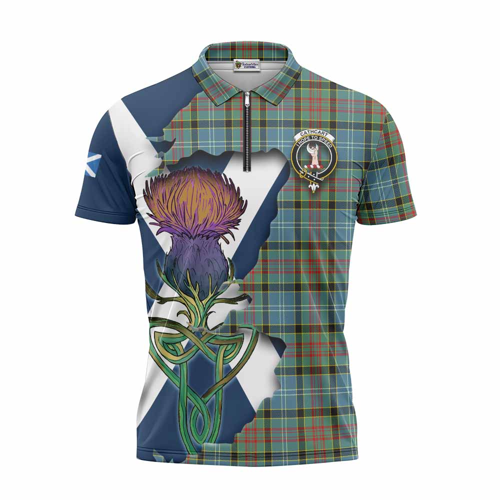 Tartan Vibes Clothing Cathcart Tartan Family Crest Zipper Polo Shirt Scottish Thistle Celtic Inspired