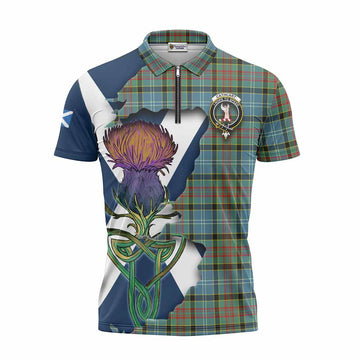 Tartan Vibes Clothing Cathcart Tartan Family Crest Zipper Polo Shirt Scottish Thistle Celtic Inspired