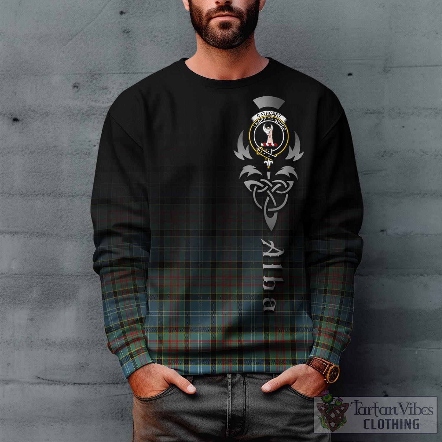 Tartan Vibes Clothing Cathcart Tartan Sweatshirt Featuring Alba Gu Brath Family Crest Celtic Inspired