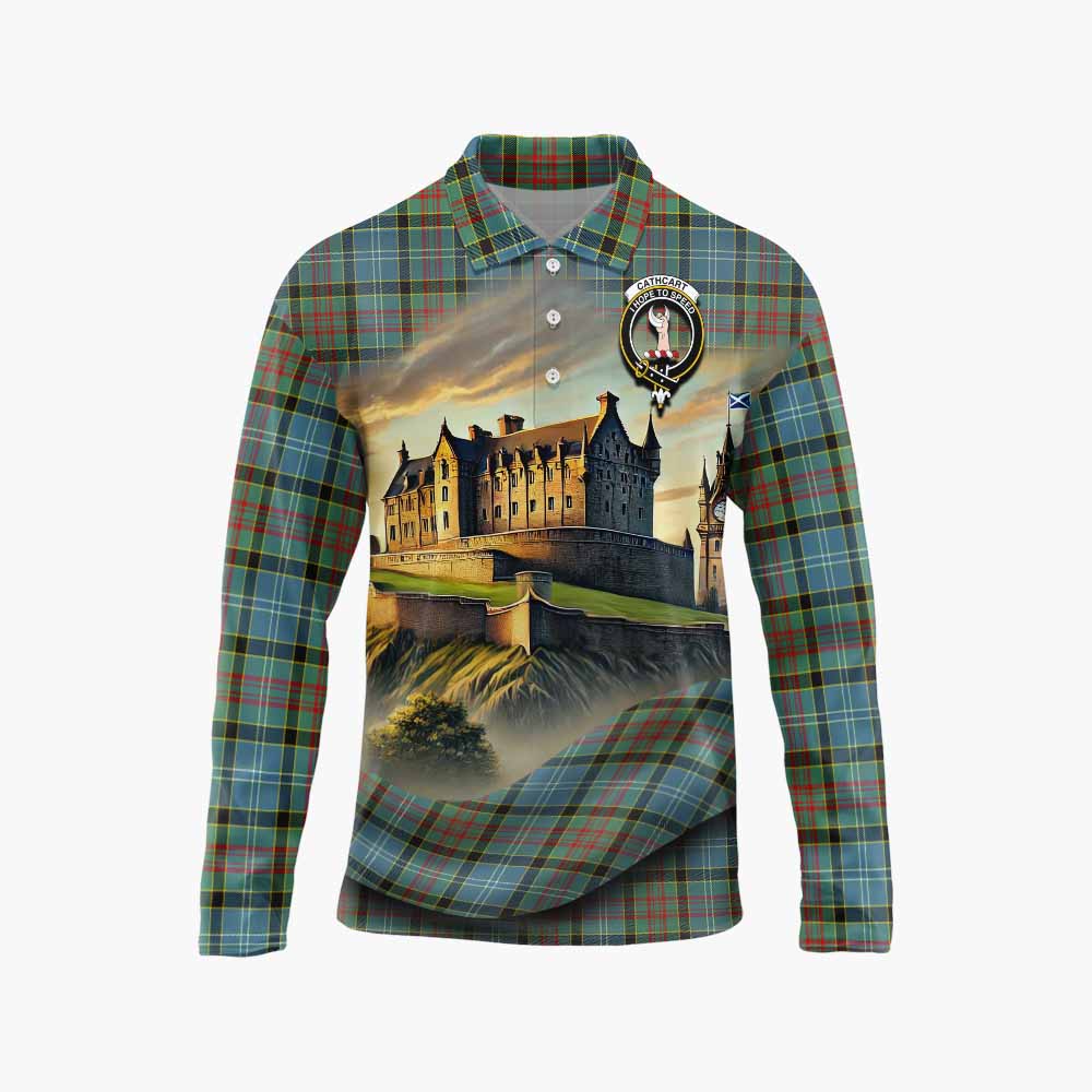 Tartan Vibes Clothing Cathcart Tartan Family Crest Long Sleeve Polo Shirt with Scottish Ancient Castle Style