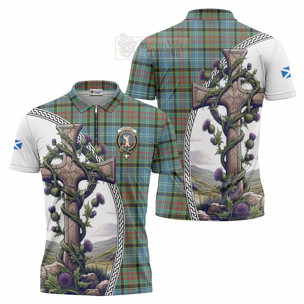 Tartan Vibes Clothing Cathcart Tartan Zipper Polo Shirt with Family Crest and St. Andrew's Cross Accented by Thistle Vines