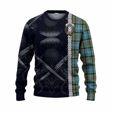 Tartan Vibes Clothing Cathcart Tartan Knitted Sweater with Family Crest Cross Sword Thistle Celtic Vibes
