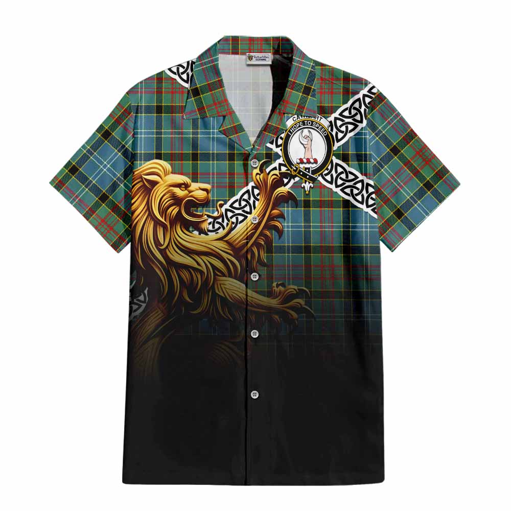 Tartan Vibes Clothing Cathcart Crest Tartan Short Sleeve Button Shirt with Golden Lion Emblem Celtic Style